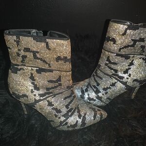 Women's Silver and Black Embellished Ankle Boots